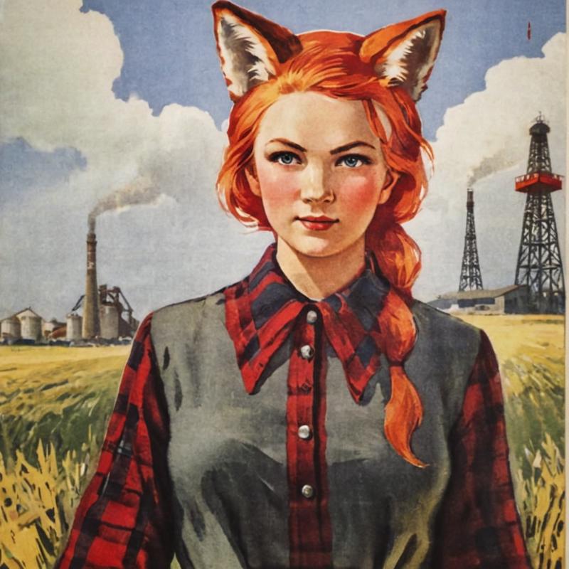 02975-3402735651-soviet poster fox girl with fox ears, red and white hair, dressed in plaid shirt, standing in field near the factory, _lora_Sovi.png